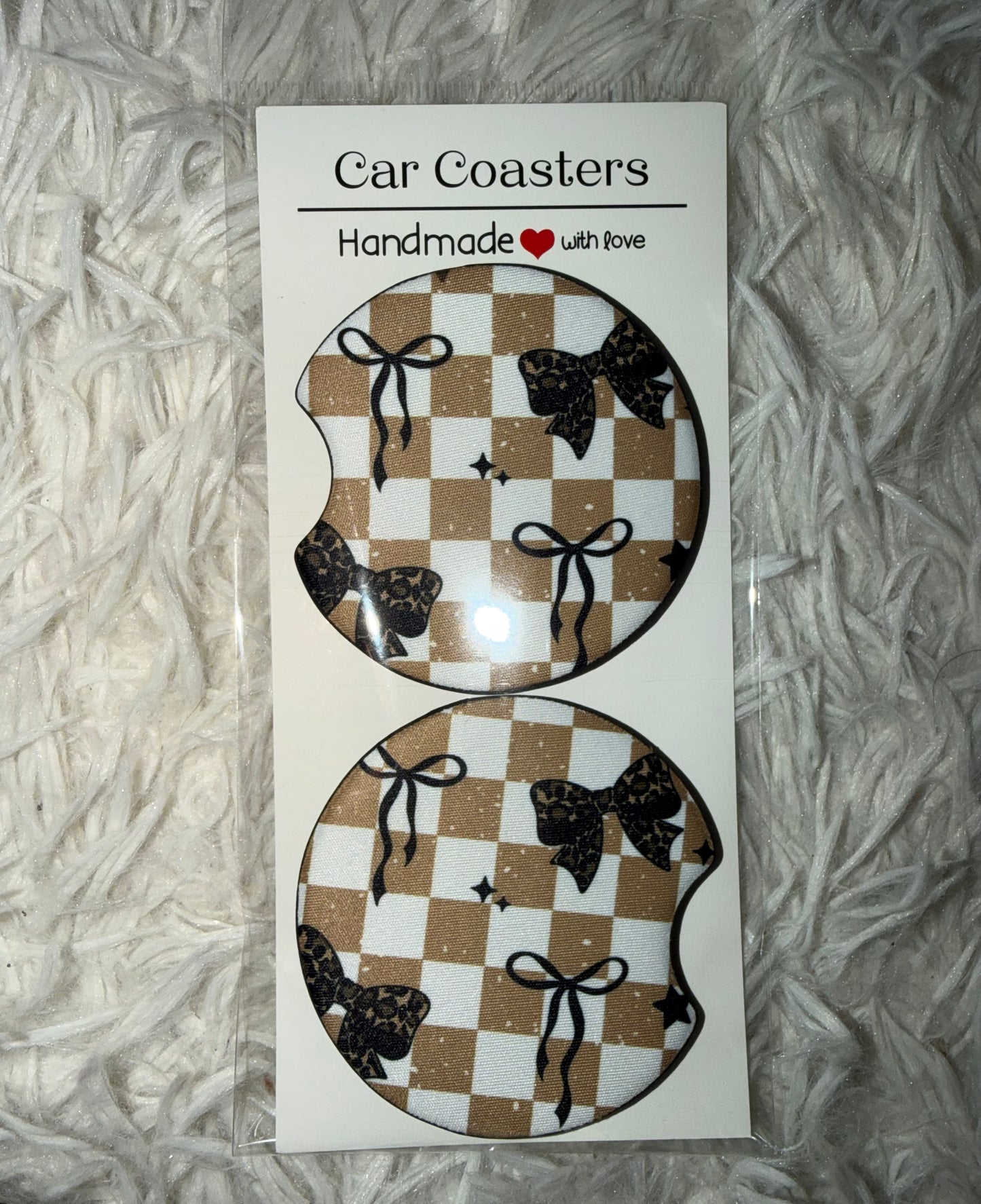 Tan Checkered Leopard Bow Seamless Print Car Coaster Set