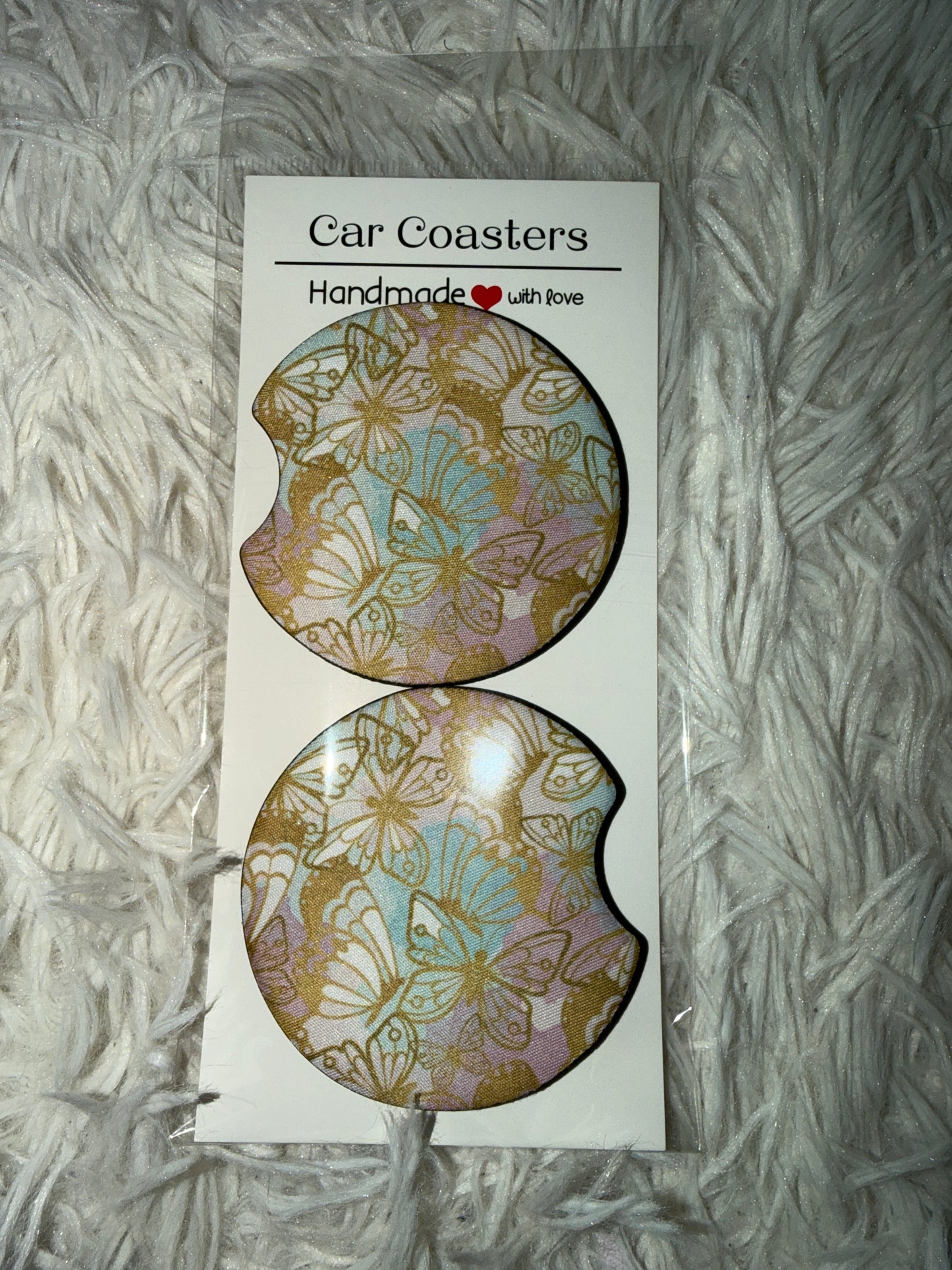 Gold Butterfly Print Car Coaster Set