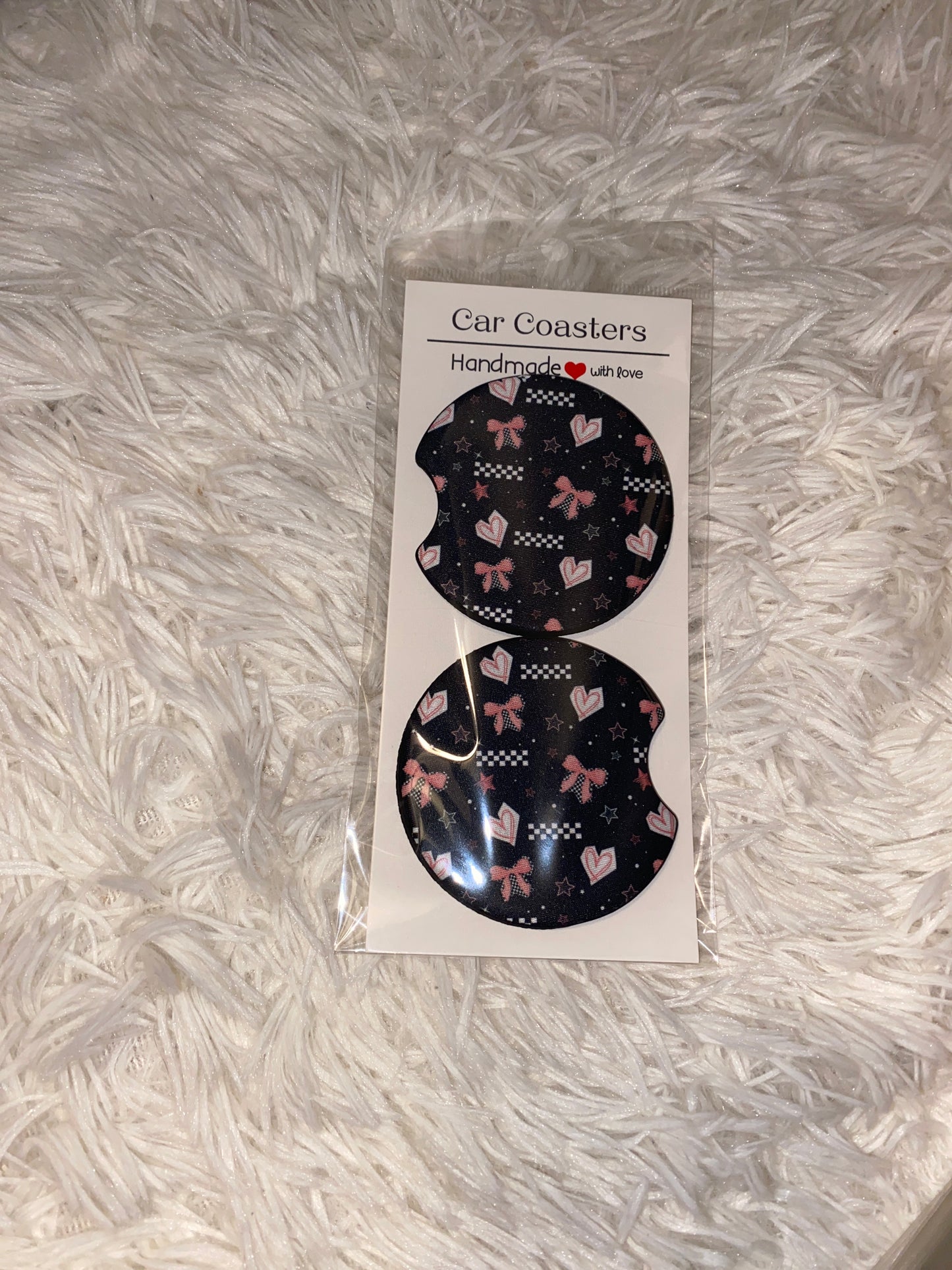 Pink Bows and Stars Print Car Coaster Set