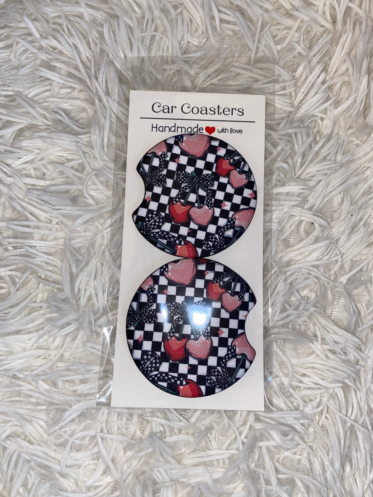 Checker Heart Cherries Seamless Print Car Coaster Set