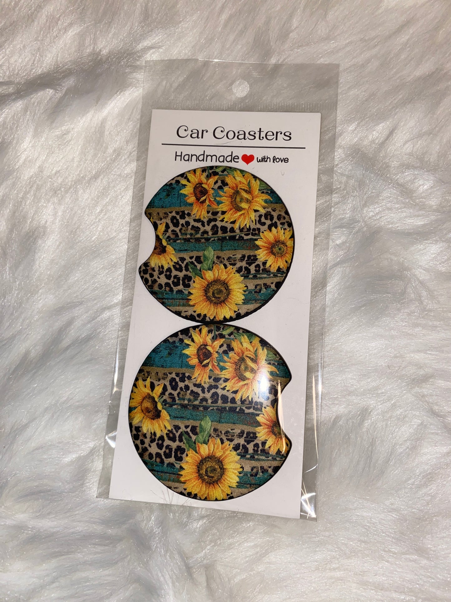 Sunflower Leopard Print Car Coaster Set