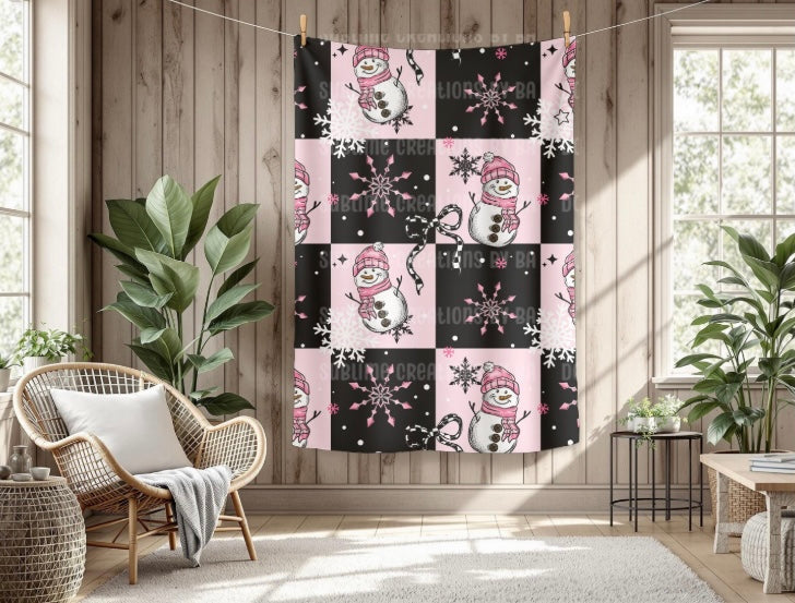 Pink Snowman Sherpa Blanket, Velveteen Plush Blanket