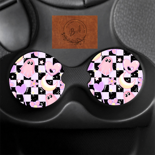 Valentines Moon and Ghosts Print Car Coaster Set