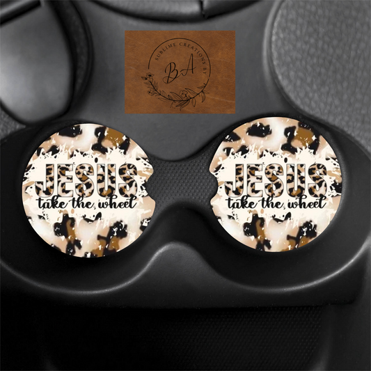 Jesus Take the Wheel Print Car Coaster Set