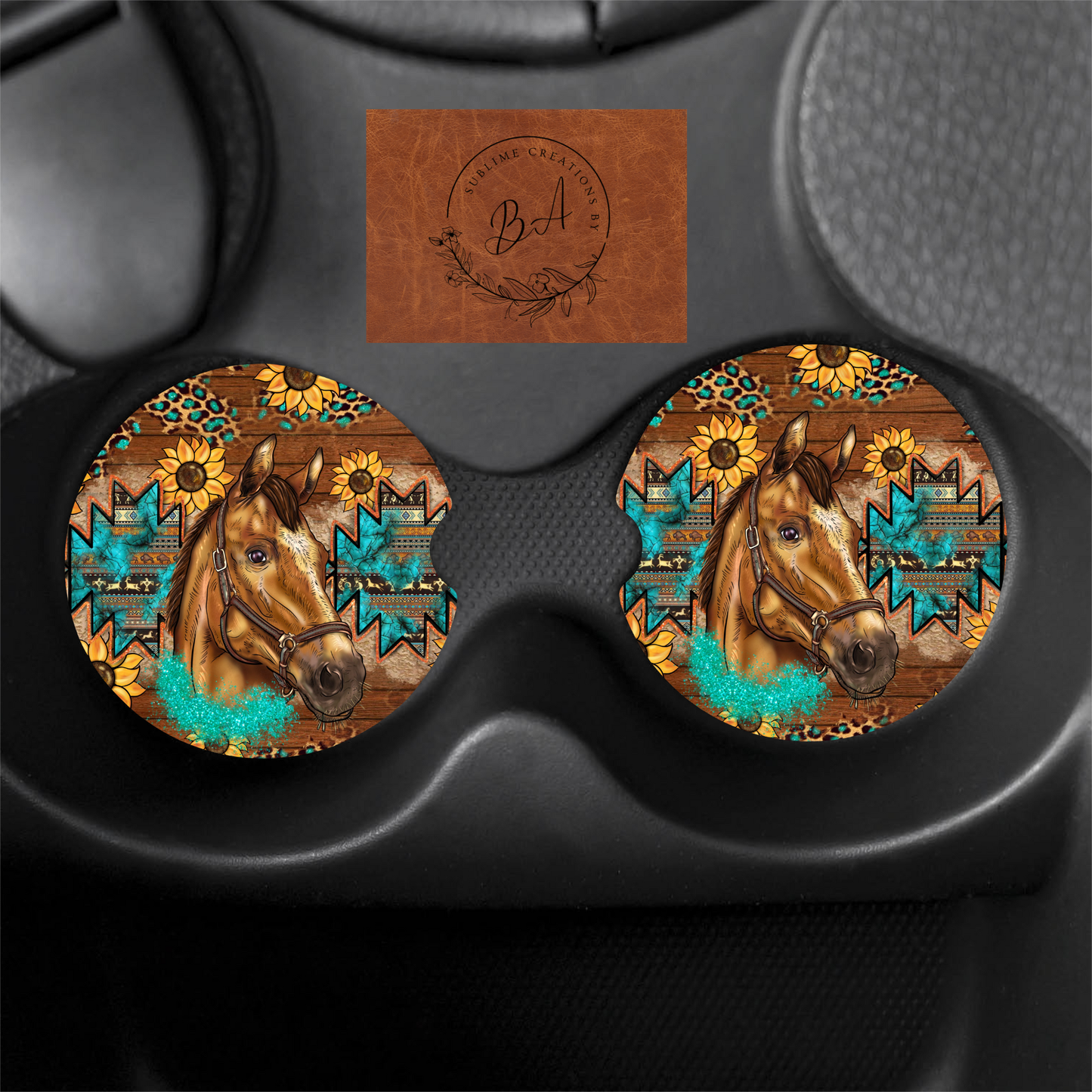 Horse Sunflower Western Print Car Coaster Set