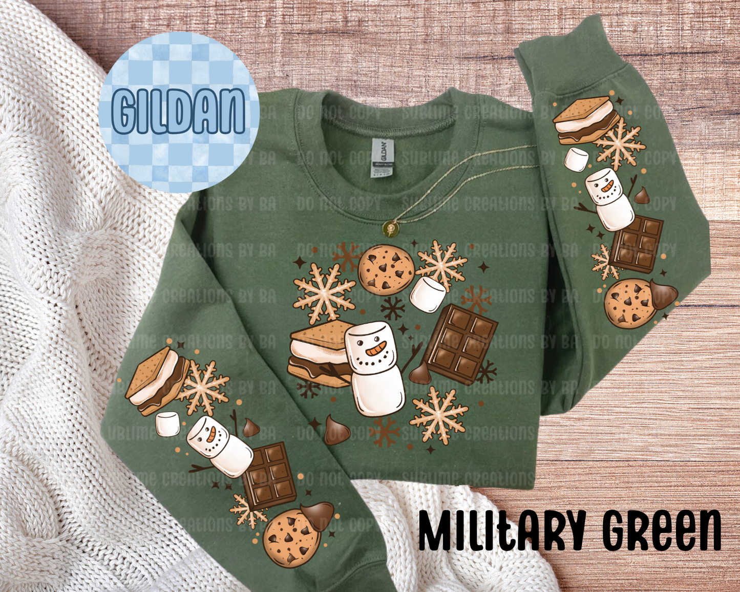 Snowman S'mores Collage Adult Sweatshirt with Sleeve Print