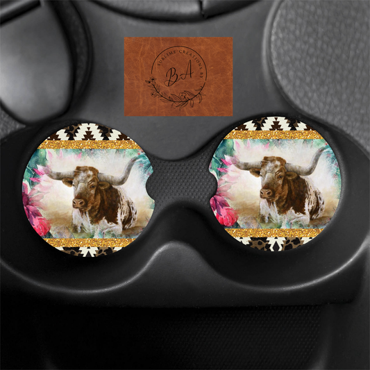 Longhorn Aztec/Floral Print Car Coaster Set