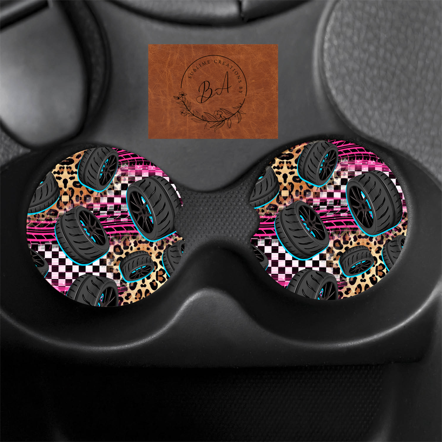 Race Tires Leopard Seamless Print Car Coaster Set