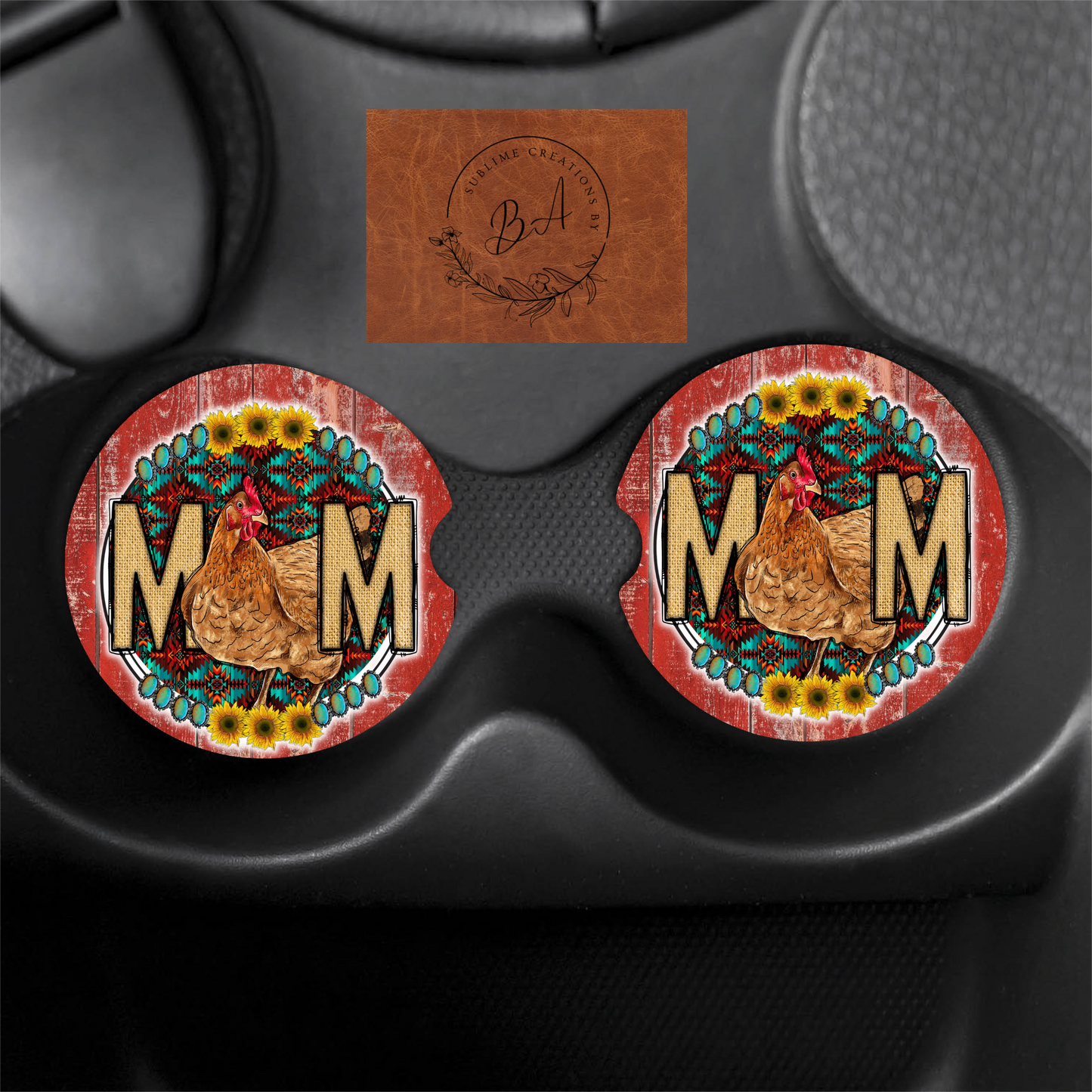 Chicken Mom Print Car Coaster Set