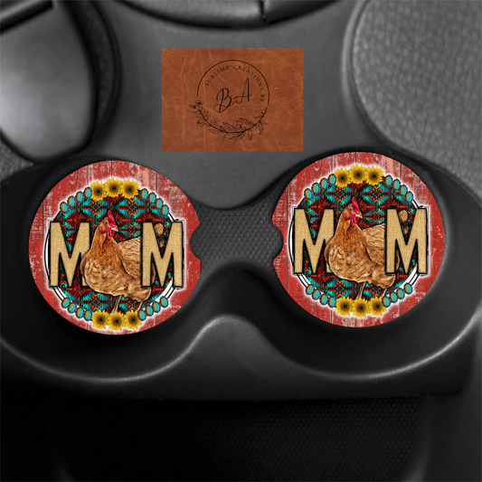 Chicken Mom Print Car Coaster Set