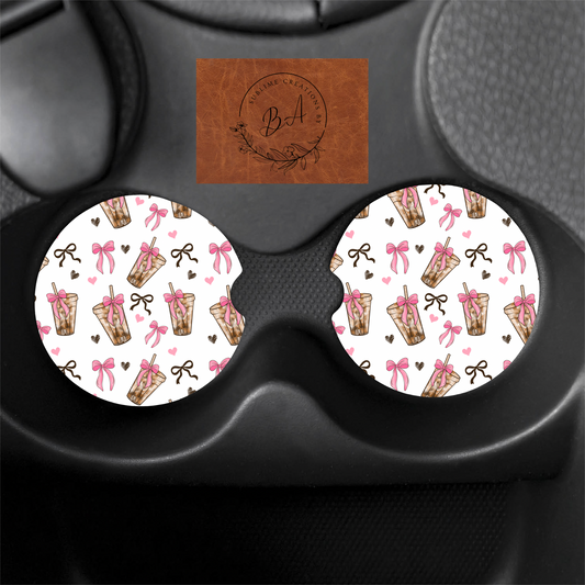Bow Iced Coffee Print Car Coaster Set