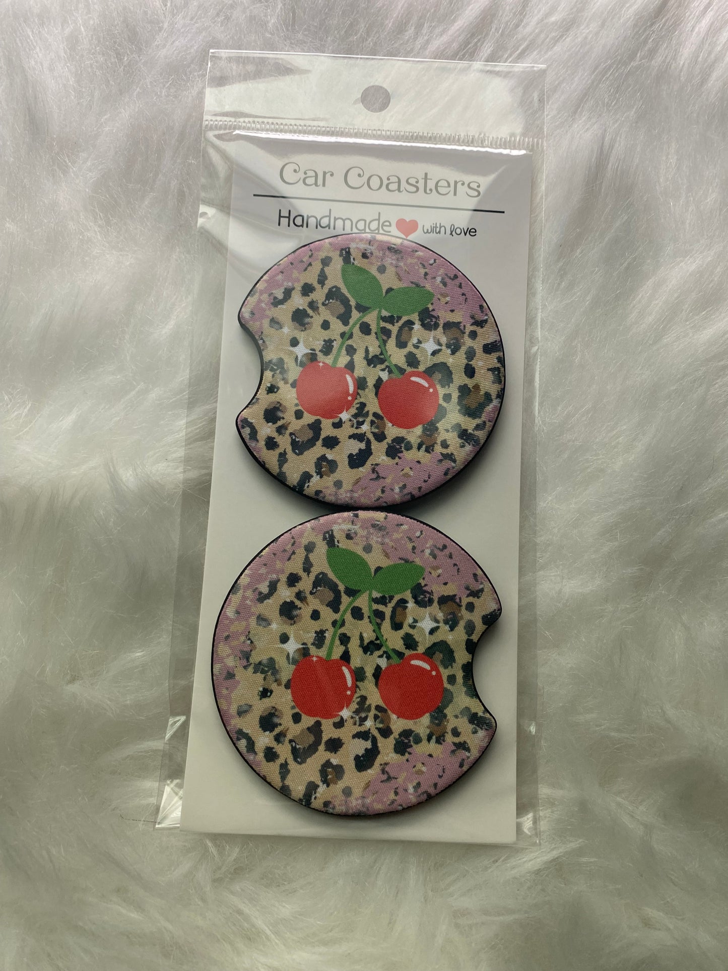 Sparkle Cherry Leopard Print Car CoasterSet