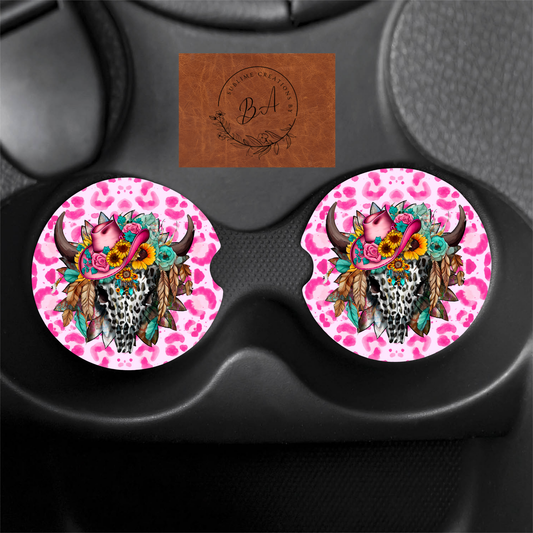 Pink Leopard Cow Skull Print Car Coaster Set