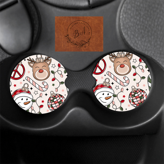 Retro Christmas Print Car Coaster Set