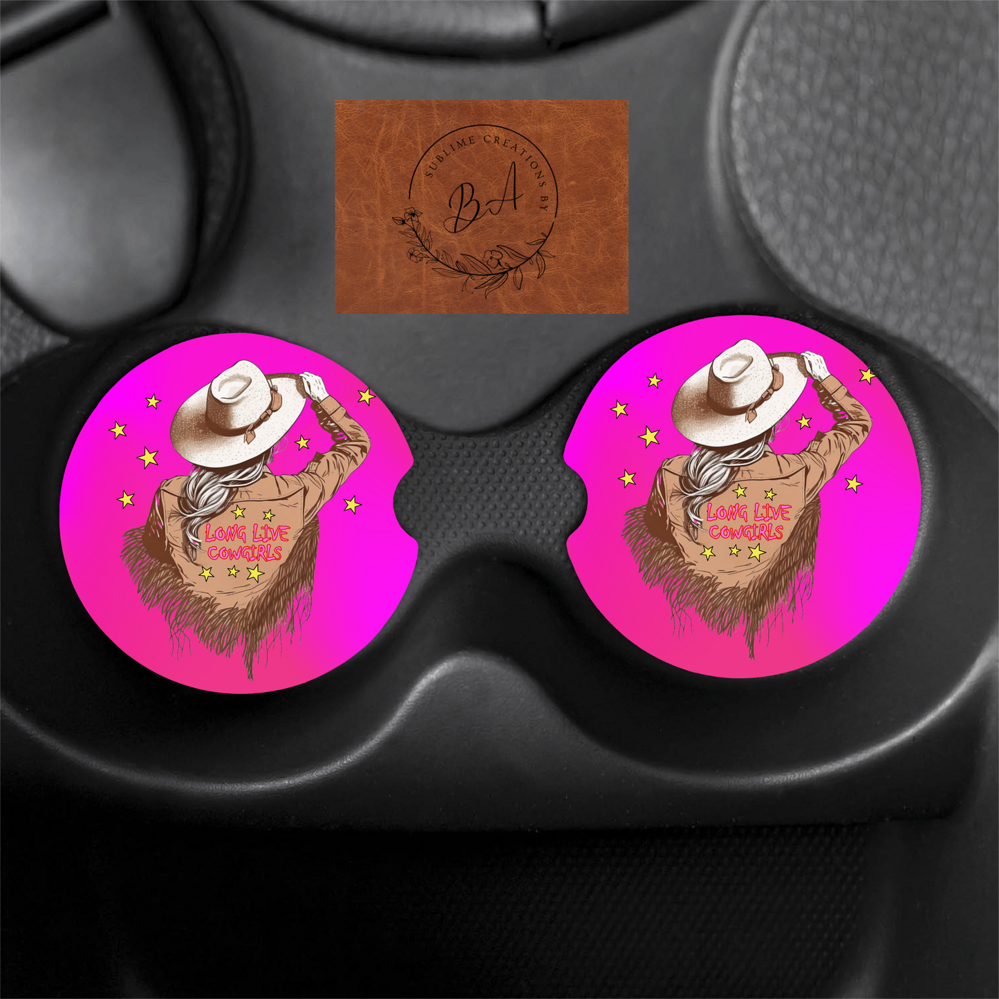 Long Live Cowgirls Print Car Coaster Set