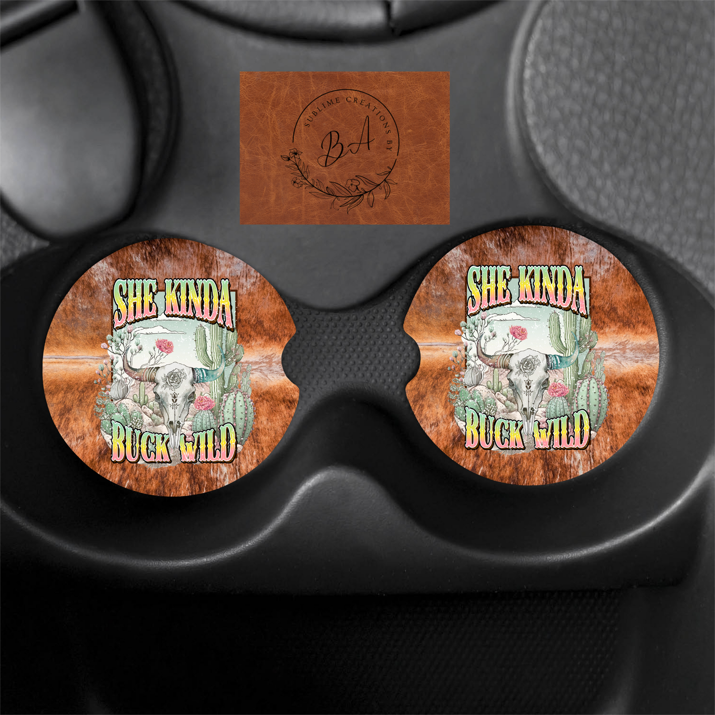 She Kinda Buck Wild Print Car Coaster Set