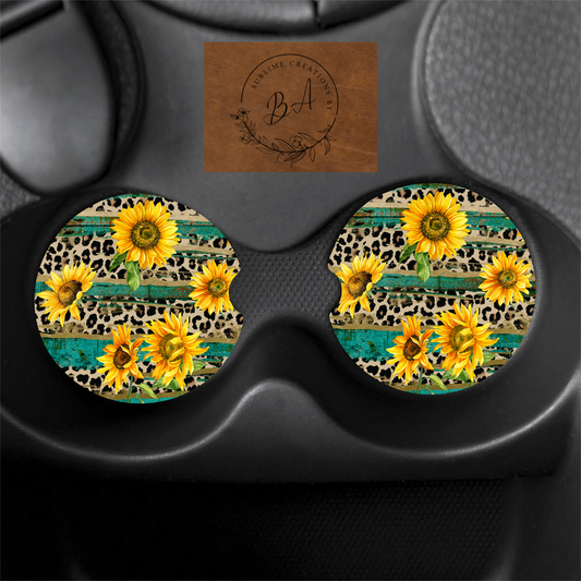 Sunflower Leopard Print Car Coaster Set