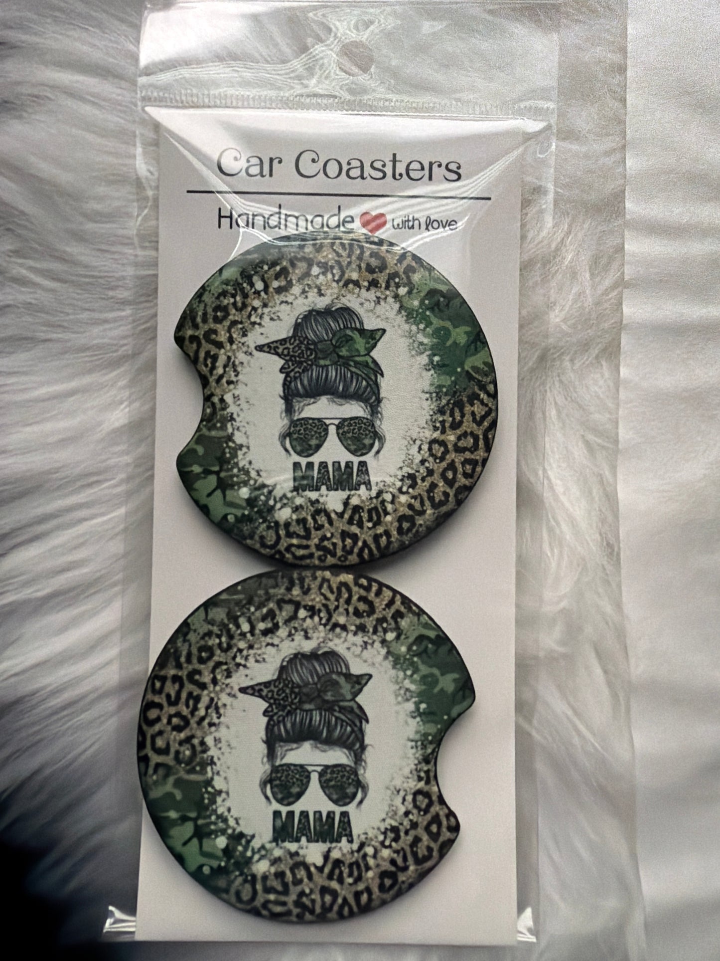 Mama Green Camo/Leopard Car Coaster Set