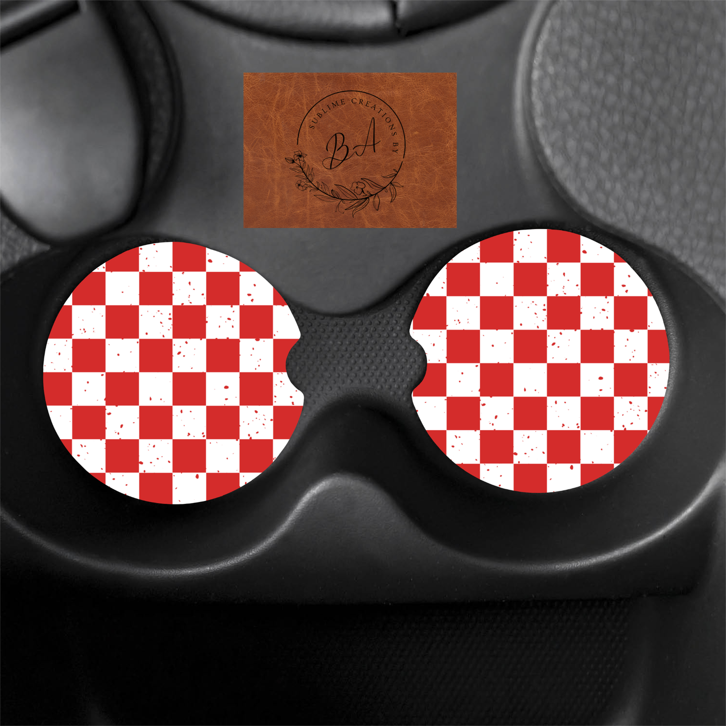 Red Checkered Seamless Print Car Coaster Set