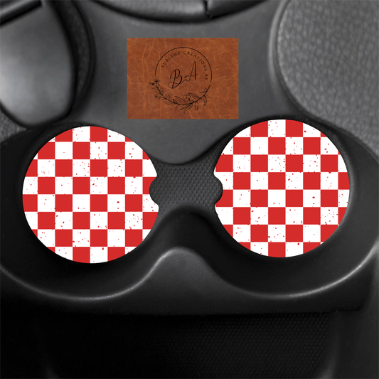Red Checkered Seamless Print Car Coaster Set