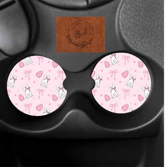 Pink Bunnies and Bows Print Car Coaster Set