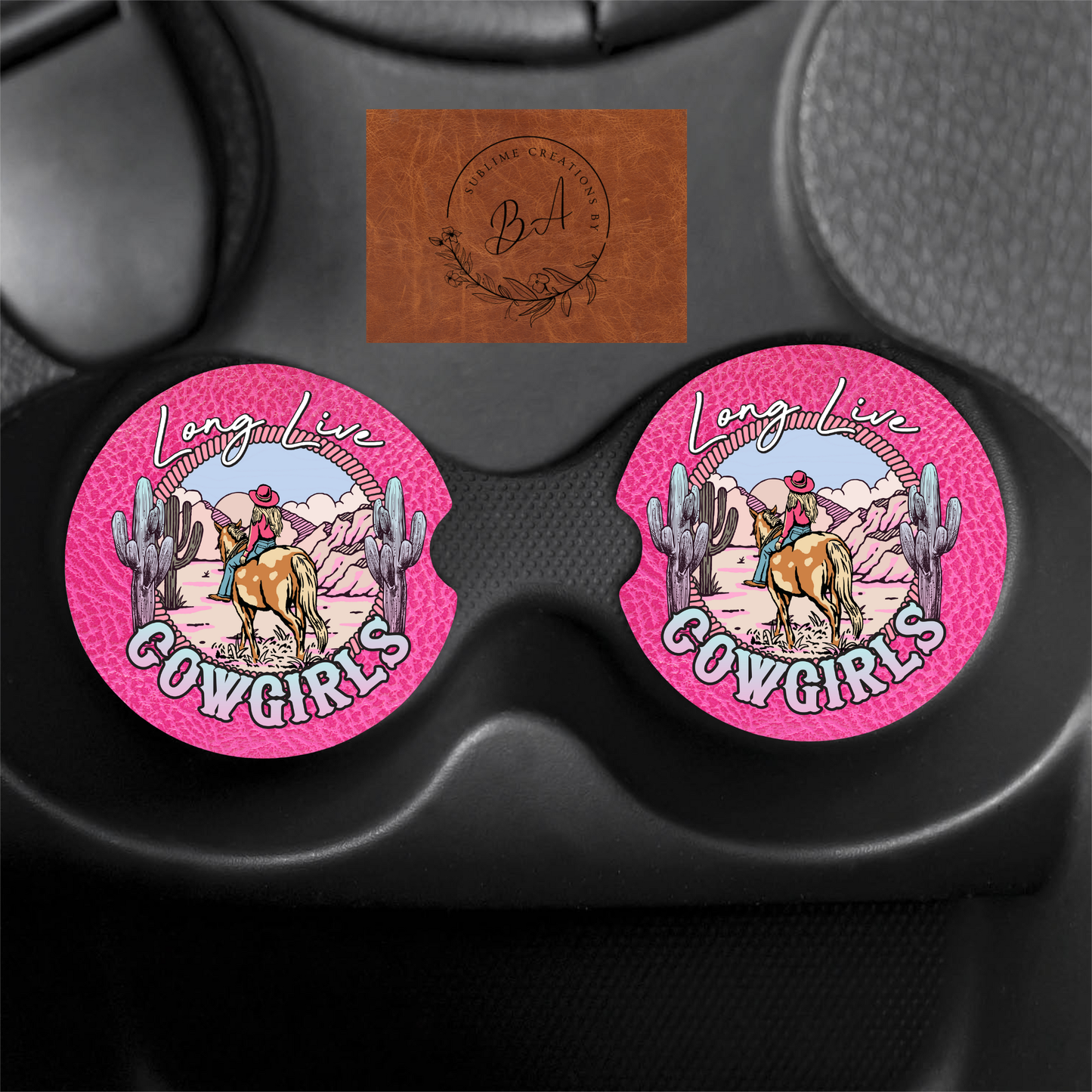 Long Live Cowgirls Catcus Print Car Coaster Sets