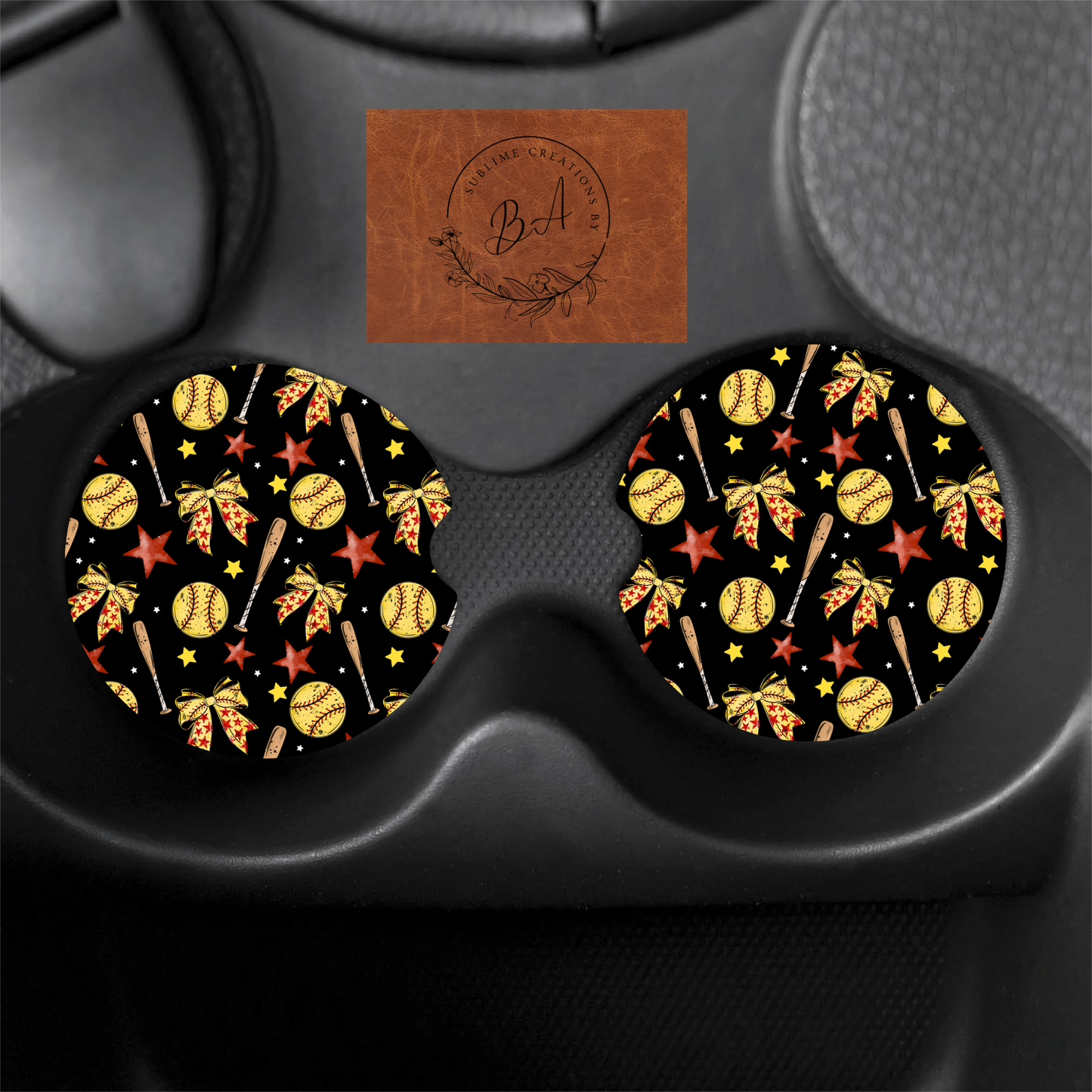 Softball Bow Seamless Car Coaster Set