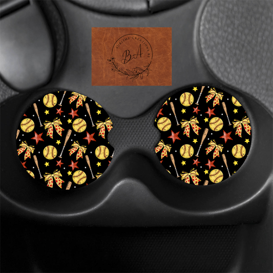 Softball Bow Seamless Car Coaster Set