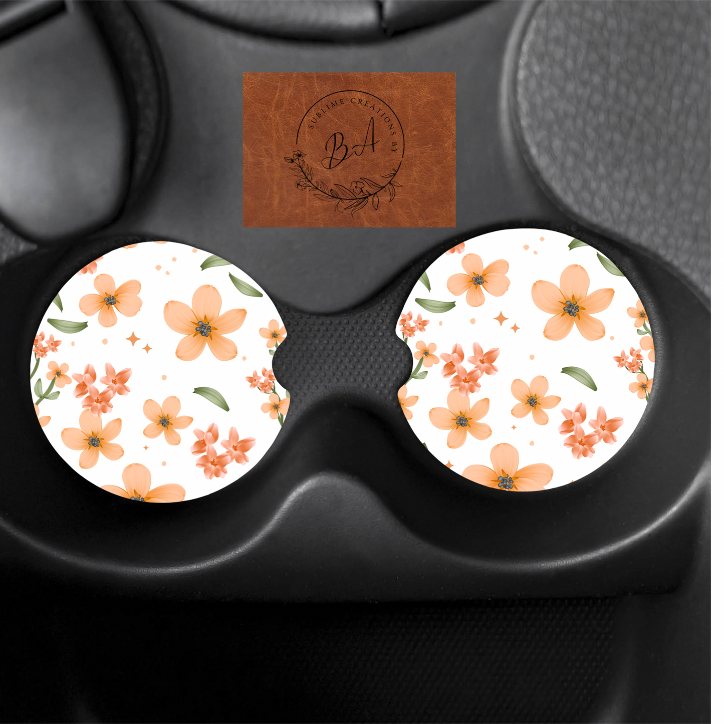 Orange Florals Print Car Coaster Set