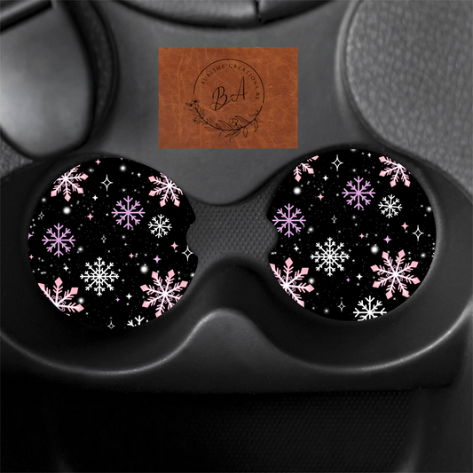 Pink and Purple Snowflakes Print Car Coaster Set