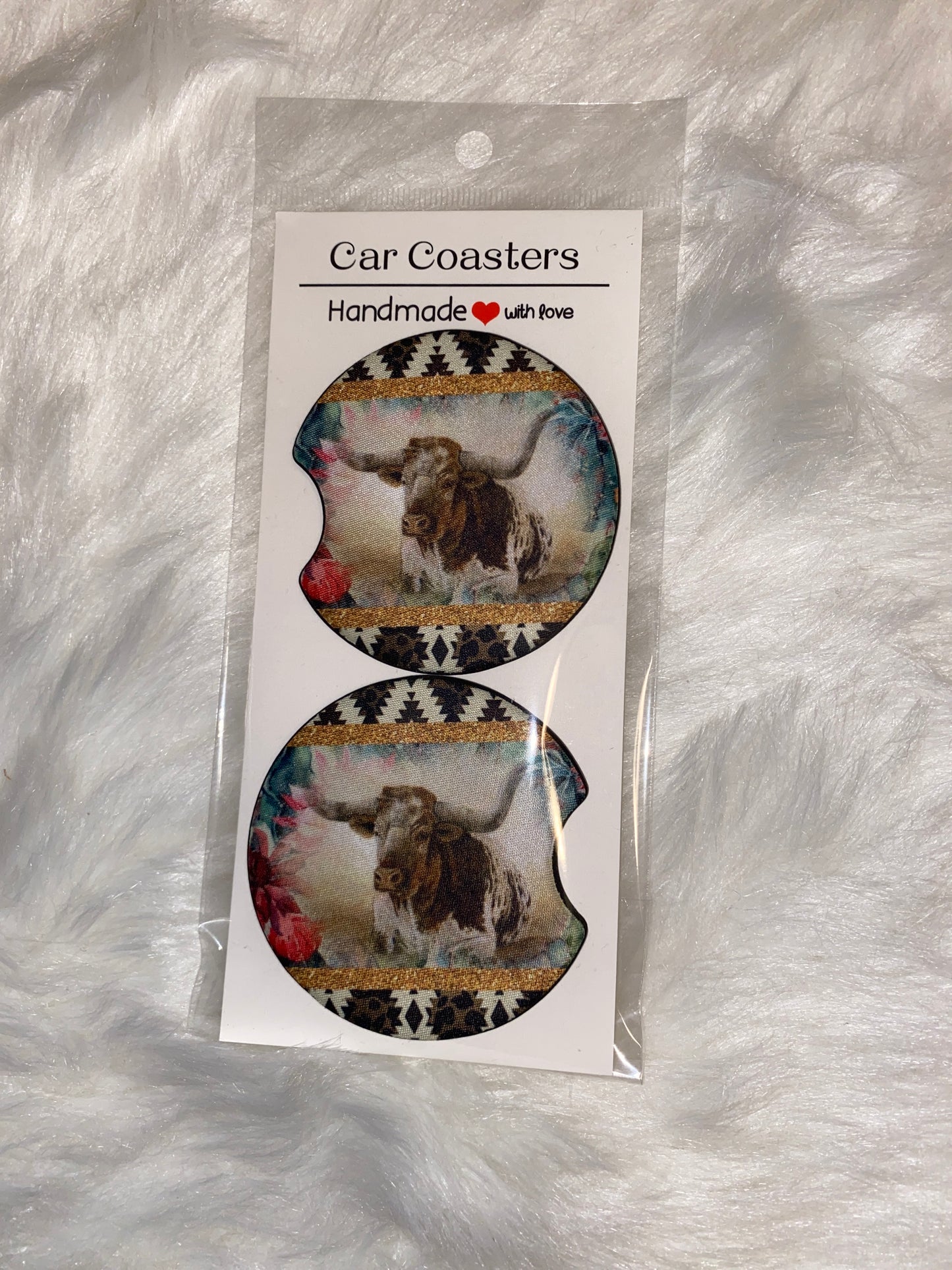Longhorn Aztec/Floral Print Car Coaster Set