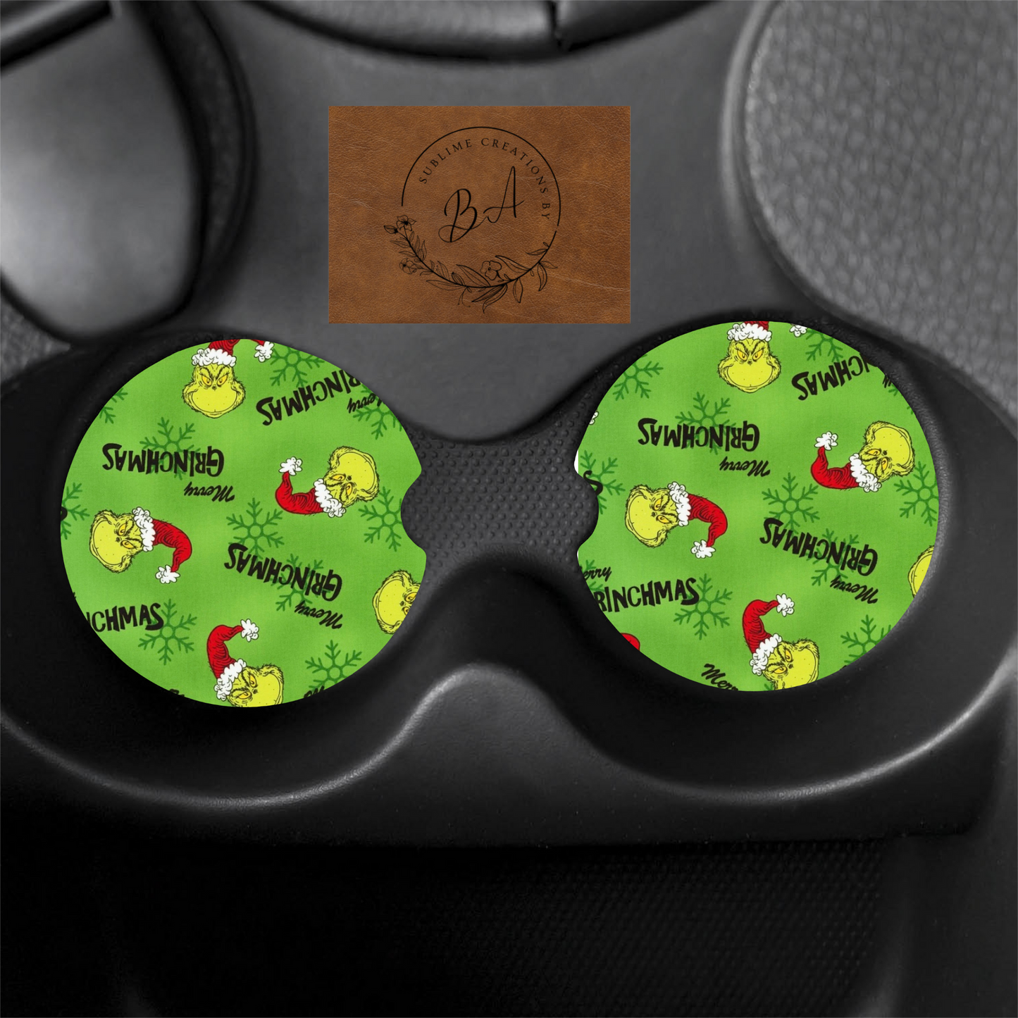 Green Christmas Print Car Coaster Set