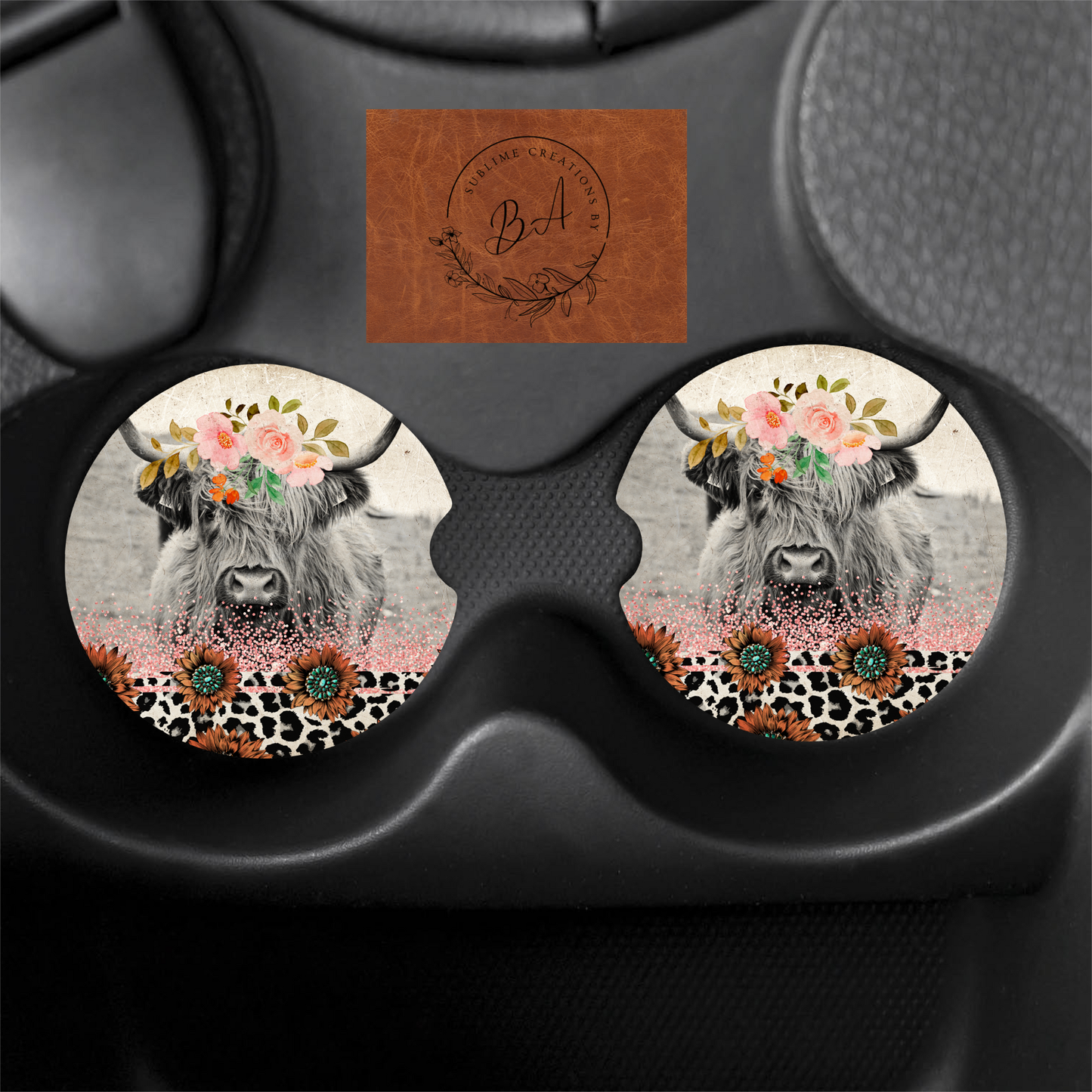 Cow Hyland Floral Print Car Coaster Set