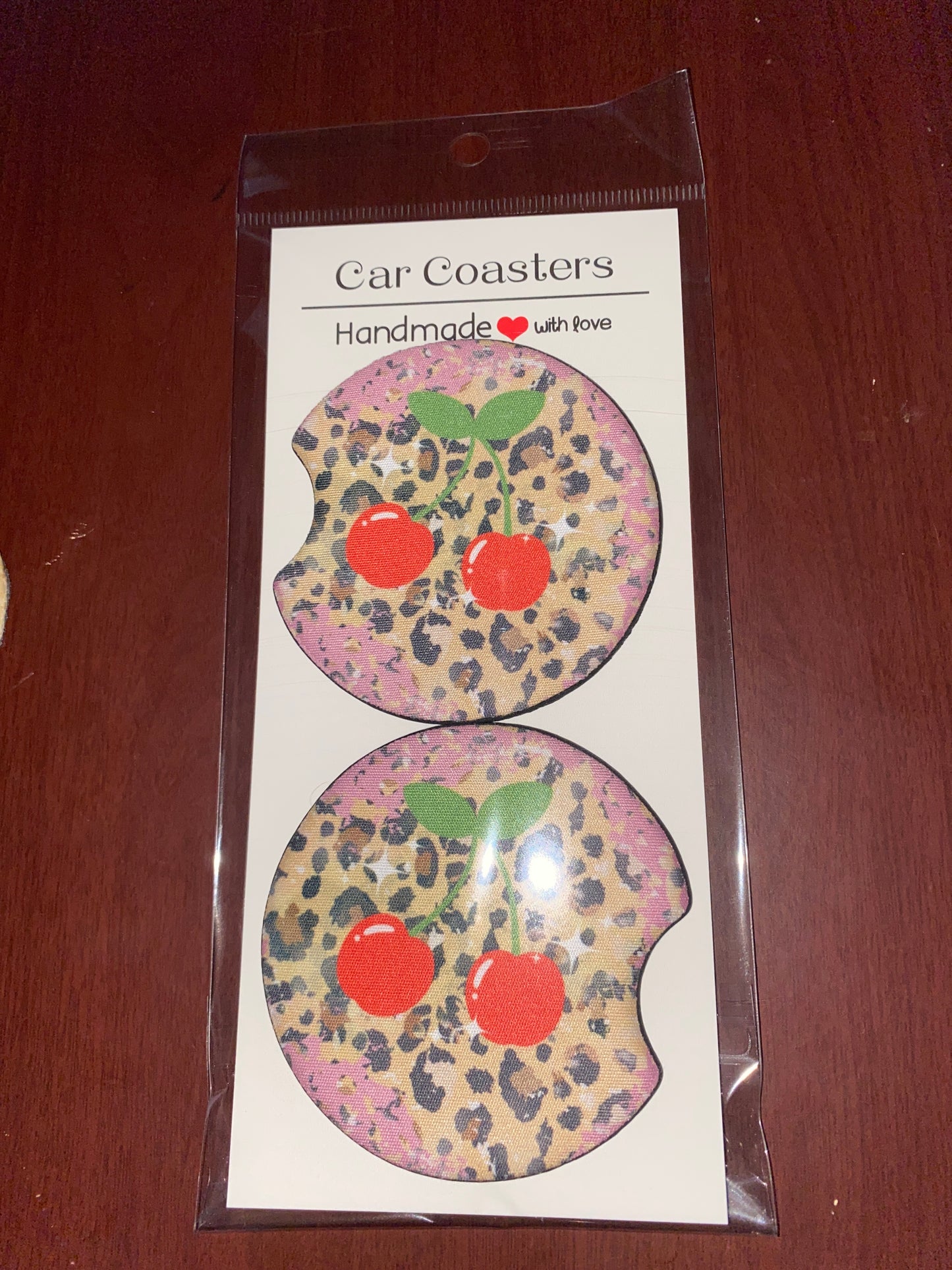 Sparkle Cherry Leopard Print Car CoasterSet