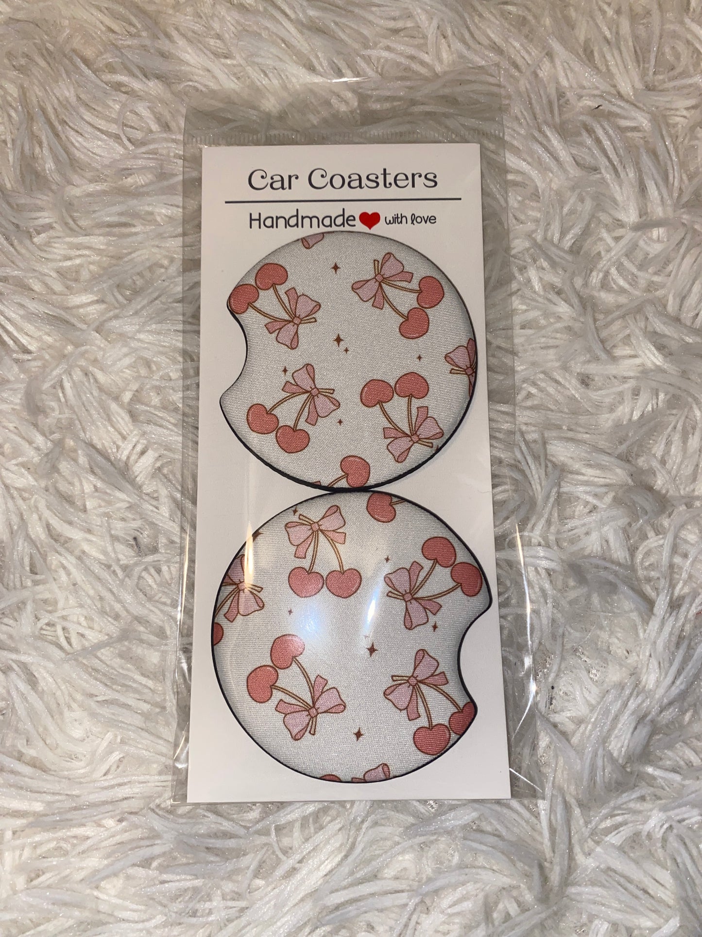 Coquette Pink Cherry Bow Print Car Coaster Set