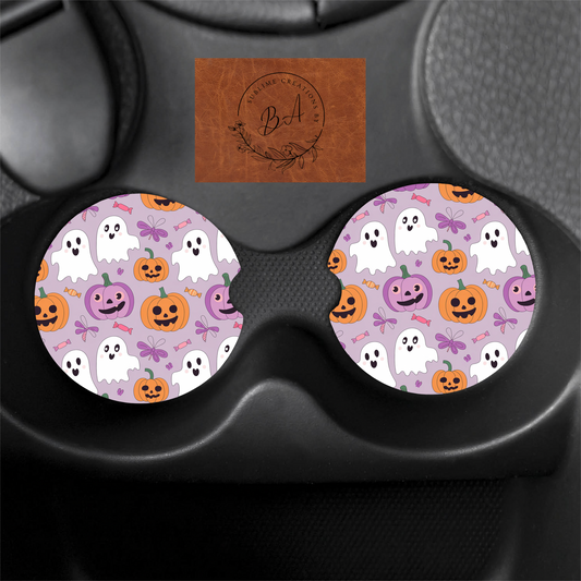Cute Pumpkin Ghost Halloween Print Car Coaster Set