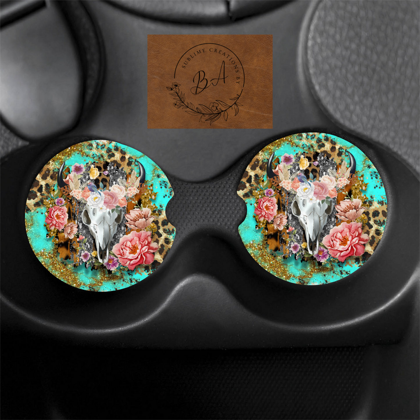 Skull Floral Print Car Coaster Set