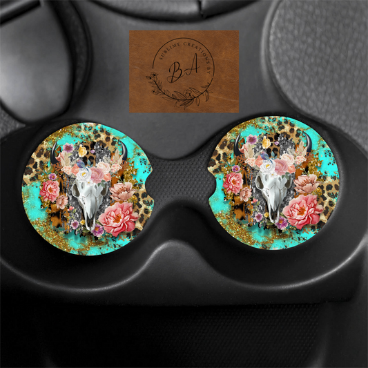 Skull Floral Print Car Coaster Set