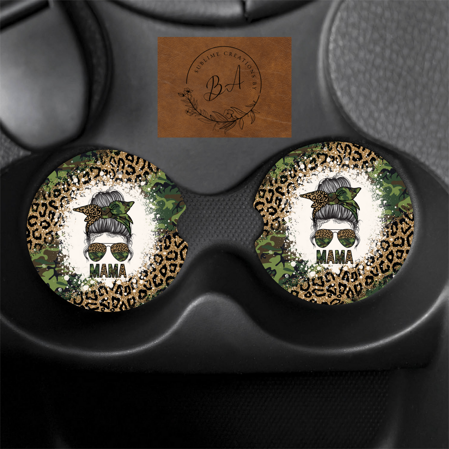 Mama Green Camo/Leopard Car Coaster Set
