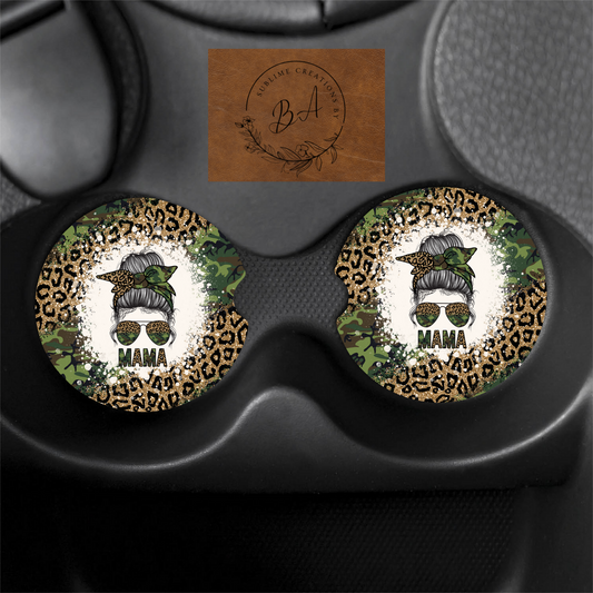 Mama Green Camo/Leopard Car Coaster Set