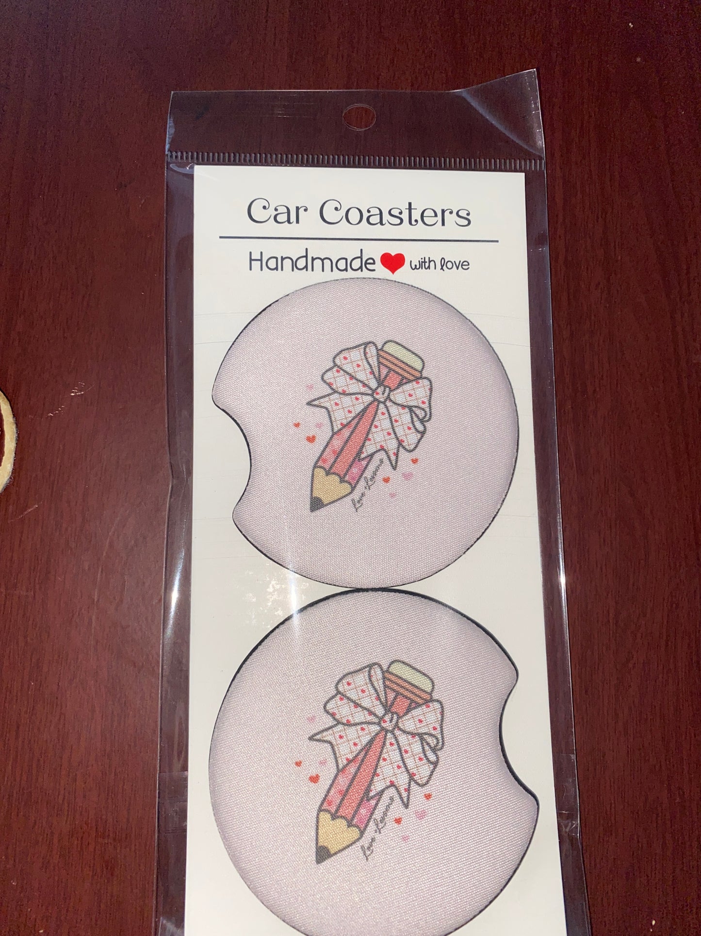 Pencil Valentine Print Car Coaster Set