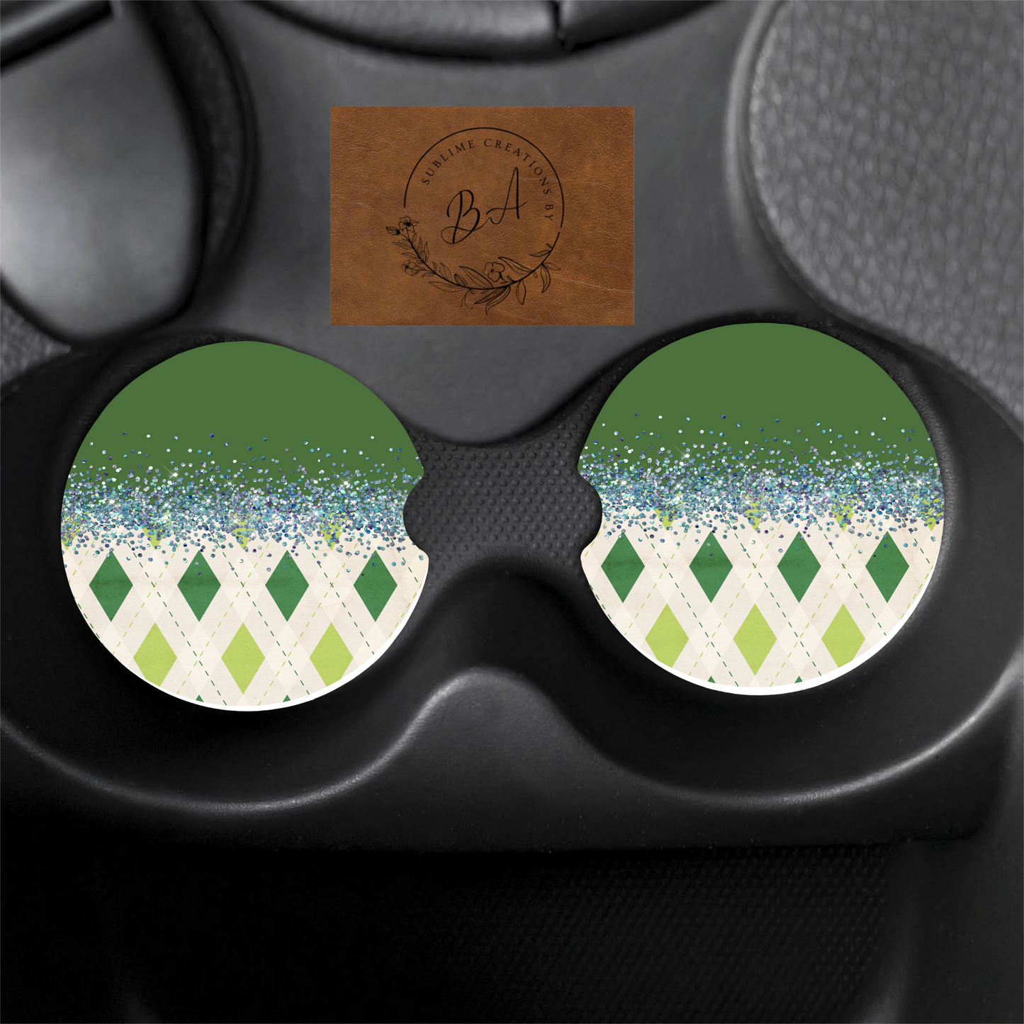 St Patty’s Glittered Diamond Print Car Coaster Set