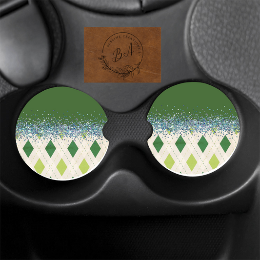 St Patty’s Glittered Diamond Print Car Coaster Set