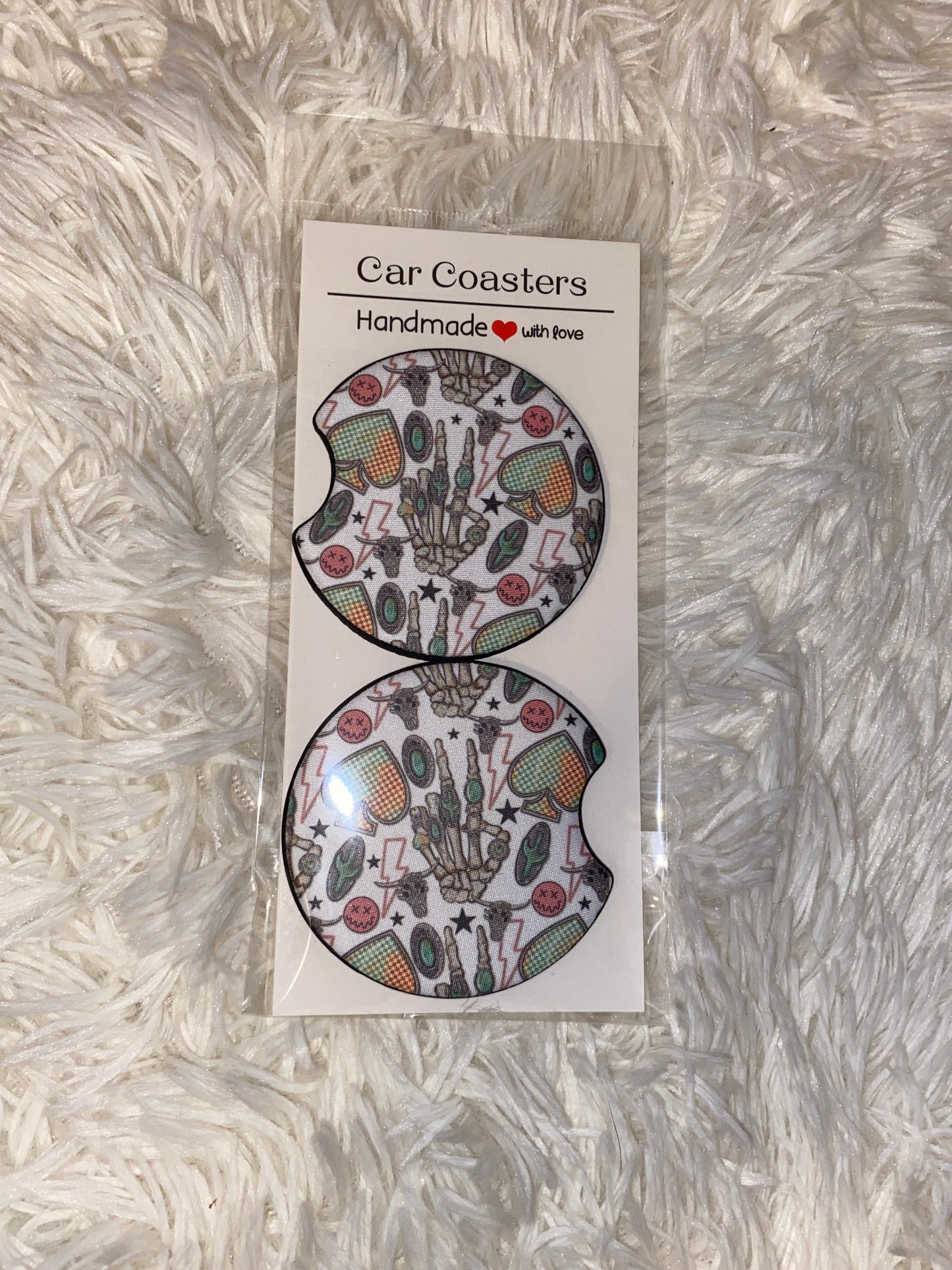 Skeleton w/hearts Print Car Coaster Set