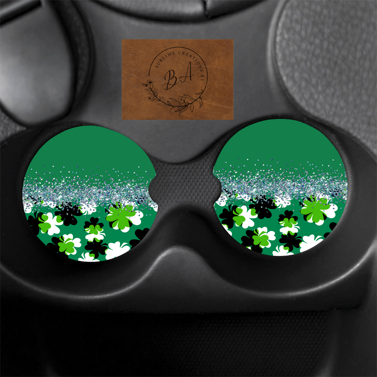 Glittered Shamrocks Print Car Coaster Set
