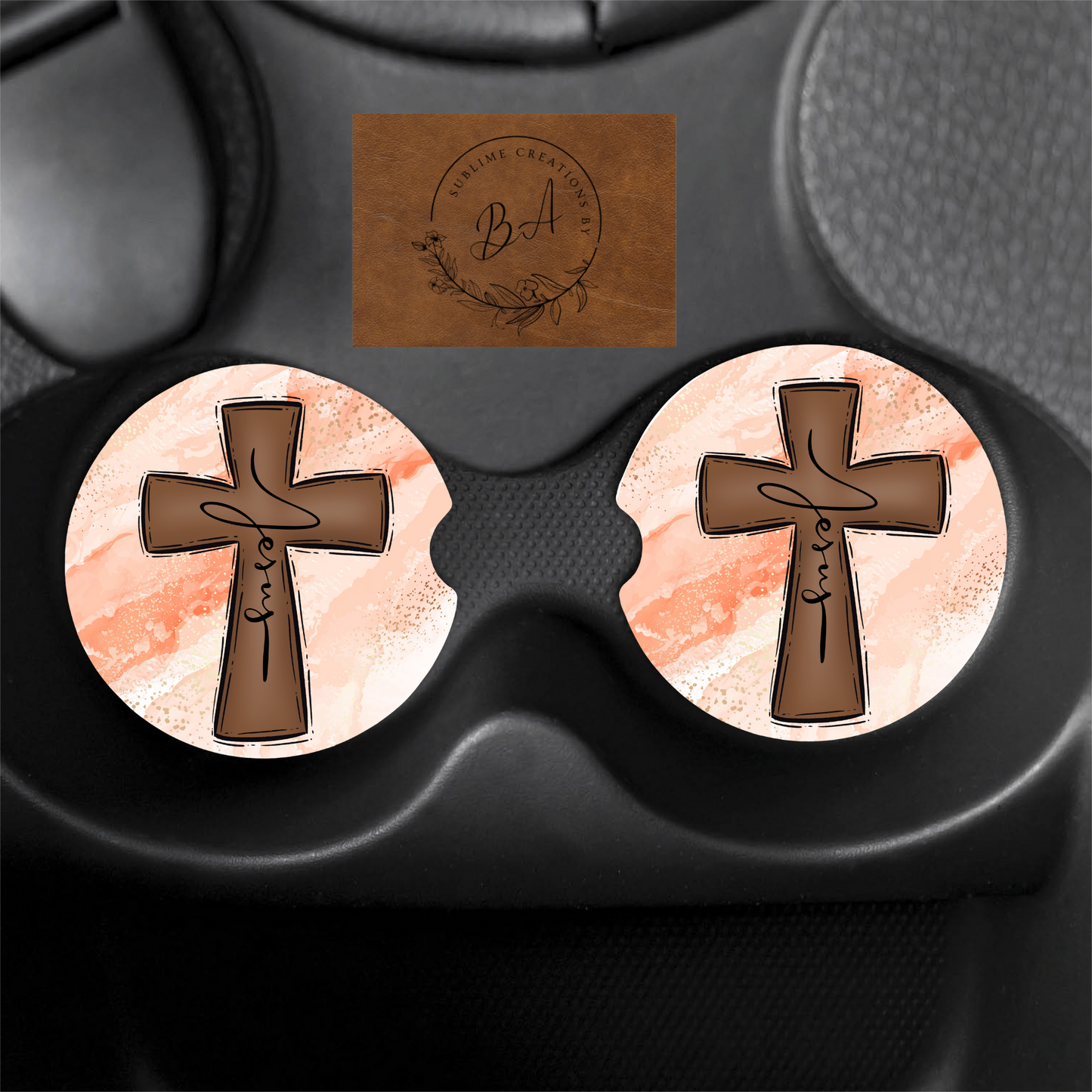 Jesus Cross Print Car Coaster Set