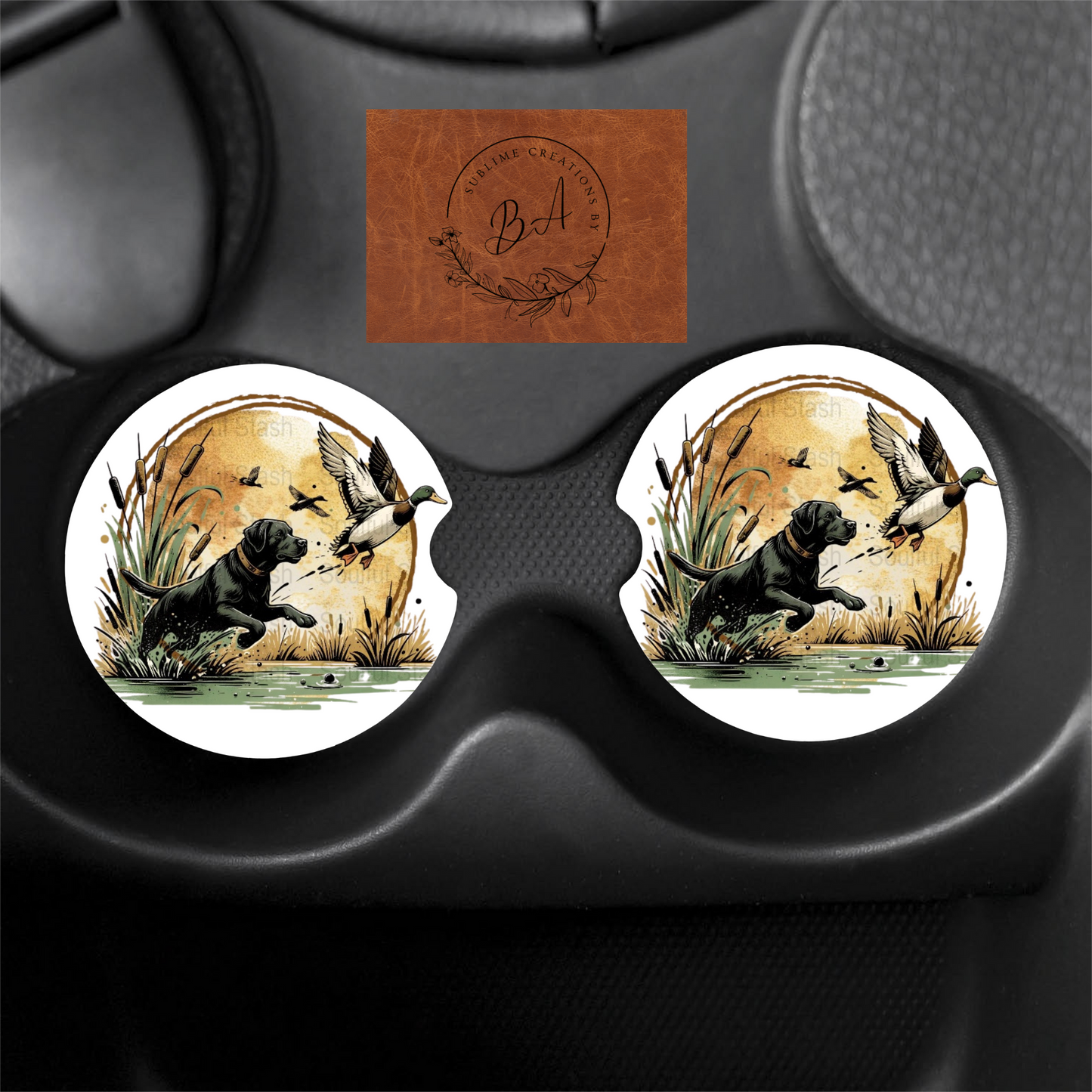 Hunting Labrador Print Car Coaster Set