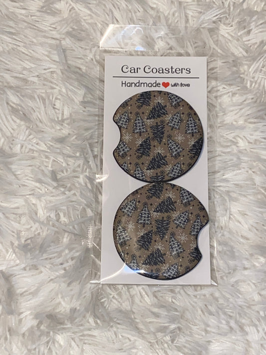 Plaid Trees Print Car Coaster Set