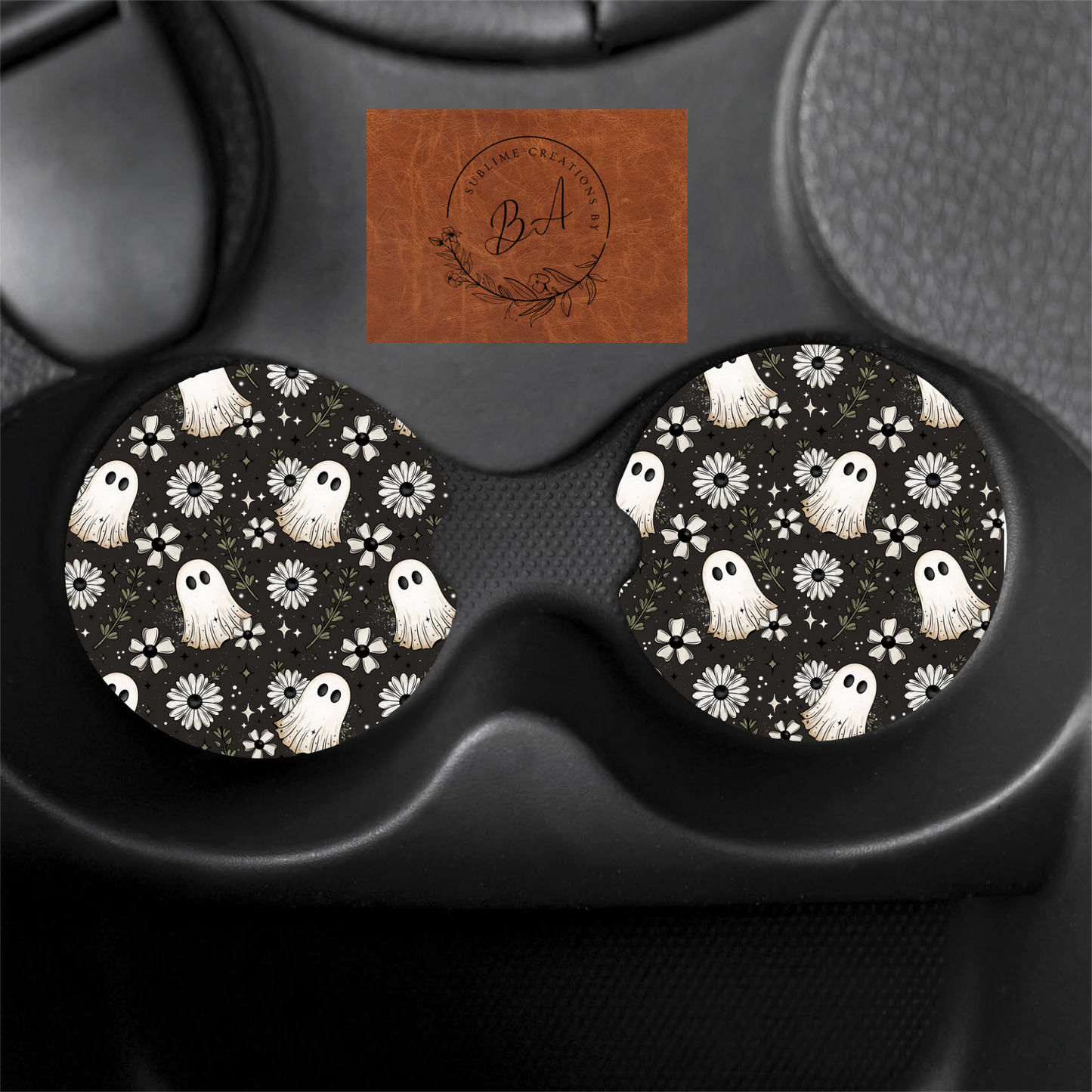 Floral Ghost Print Car Coaster Set