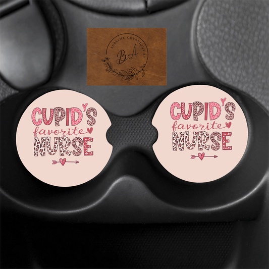 “Cupids Favorite Nurse” Leopard Print Car Coaster Set